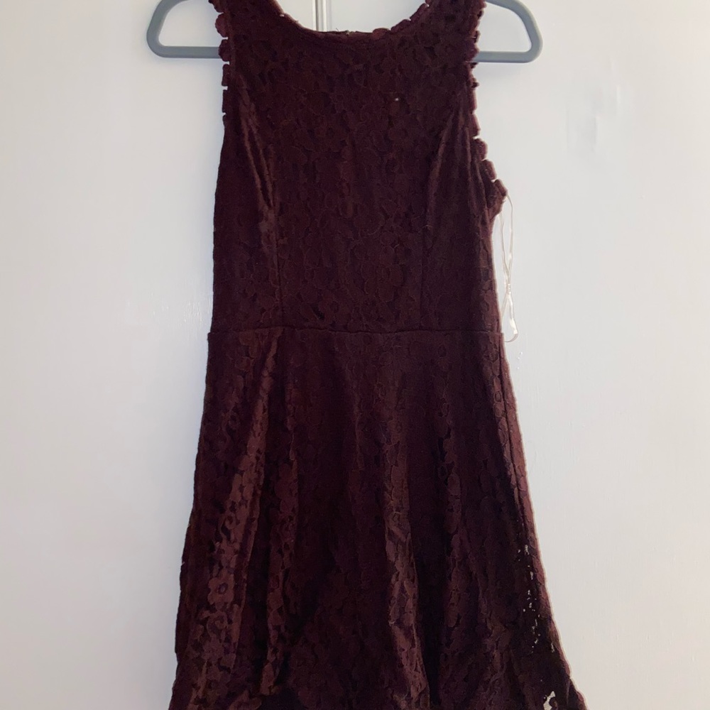 Burgundy lace dress.